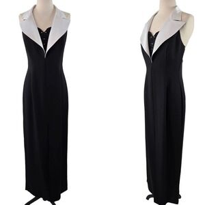 Ever Beauty‎ Tuxedo Gown Women 8 Black White Vintage Beaded Halter Maxi Dress